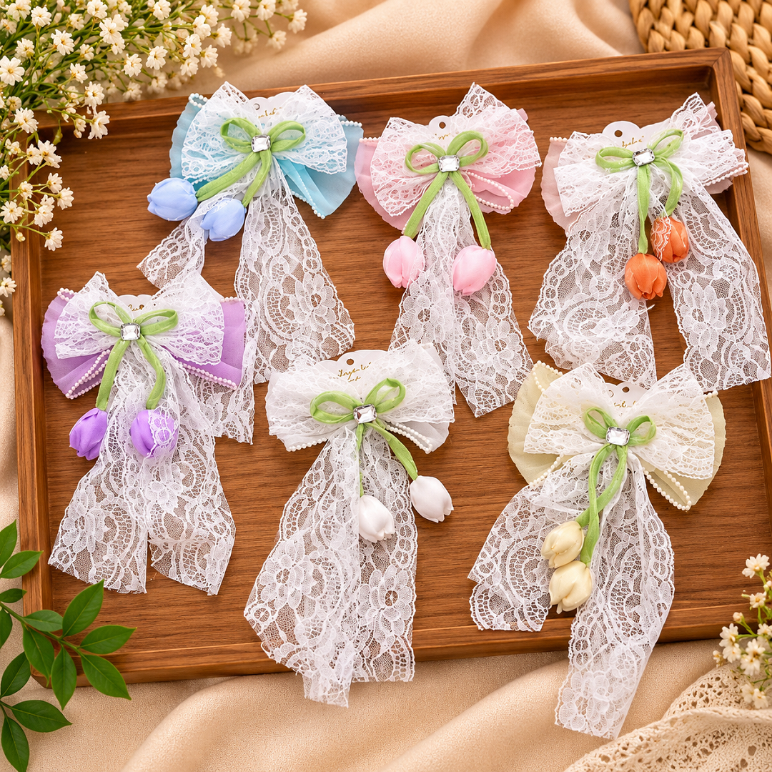 Lace Bow Flower Hair Clip Pack of 12 Pcs – Premium Hair Accessories | Wholesale Price ₹540 per Dozen