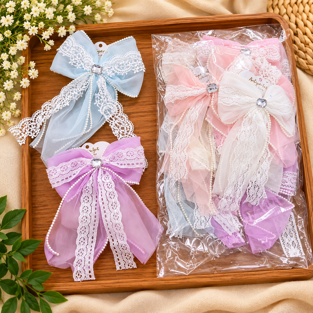 Premium Lace Bow Hair Clip Pack of 12 Pcs – Elegant Floral Design | Wholesale Price ₹540 per Dozen