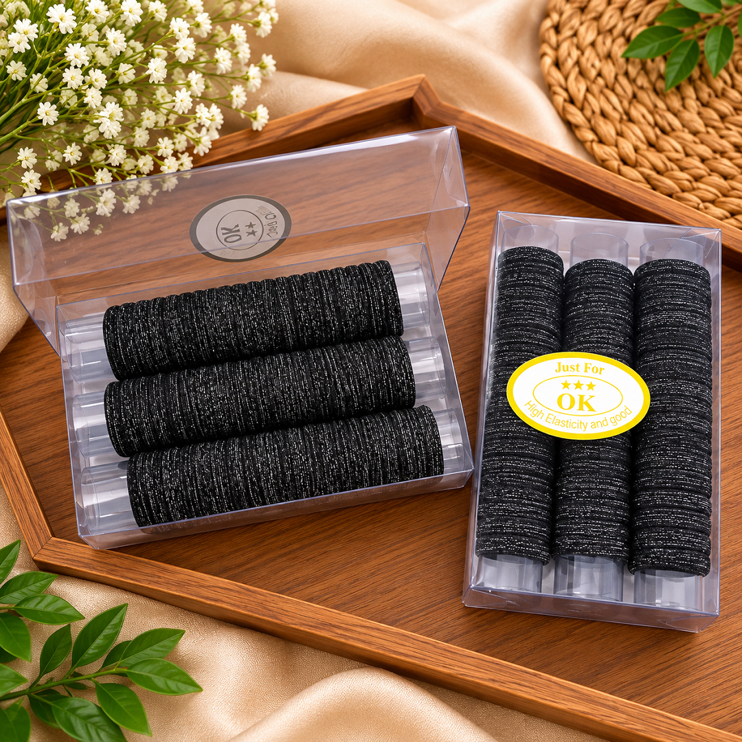 Black Glitter Hair Rubber Bands – 2 Boxes, 60 Pcs Each | Wholesale Price ₹60