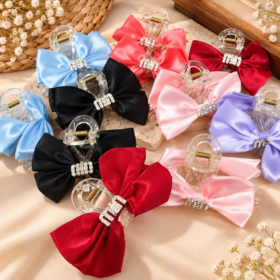 Satin Bow Hair Claw Clips Pack of 12 Pcs – Rhinestone Bow Design | Wholesale Price ₹288