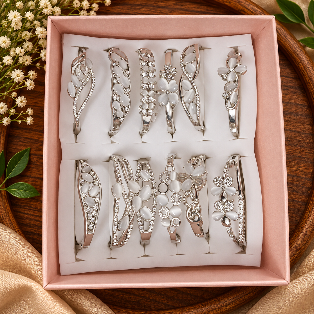 Premium Stone Studded Silver Finish Bracelet – Pack of 12 Pcs | Wholesale Price ₹1354 per Dozen