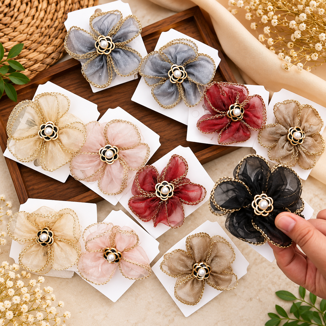 Organza Flower Hair Clip Pack of 12 Pcs – Pearl Centre Designer Hair Clip | Wholesale Price ₹480 per Dozen