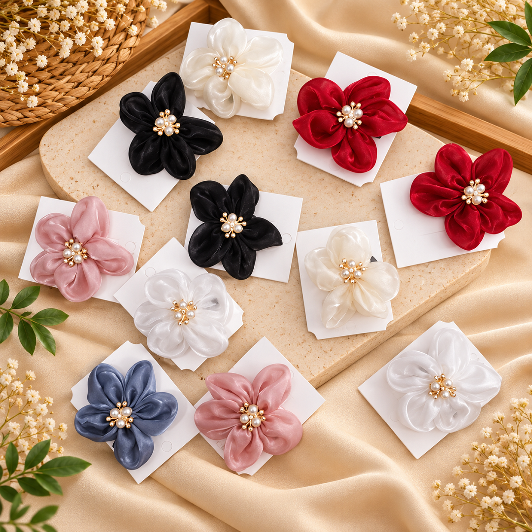 Satin Flower Hair Clip Pack of 12 Pcs – Pearl Centre Designer Floral Clip | Wholesale Price ₹480 per Dozen
