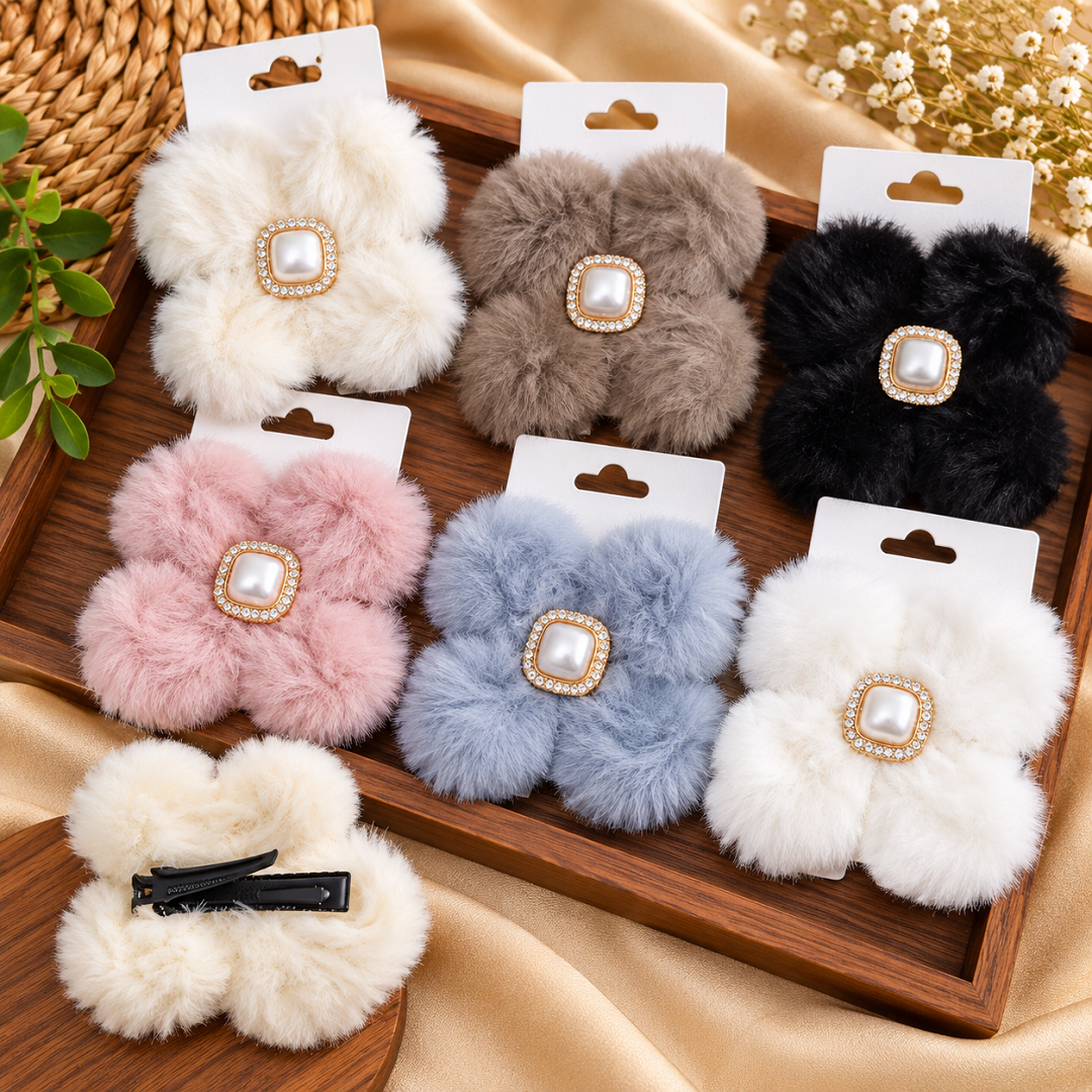 Fuzzy Flower Hair Clip Pack of 12 Pcs – Pearl Rhinestone Designer Clip | Wholesale Price ₹480 per Dozen