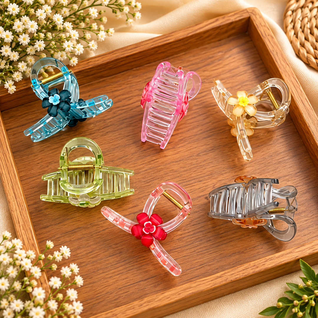 Floral Translucent Hair Claw Clips Pack of 12 Pcs – Premium Hair Clutcher | Wholesale Price ₹360