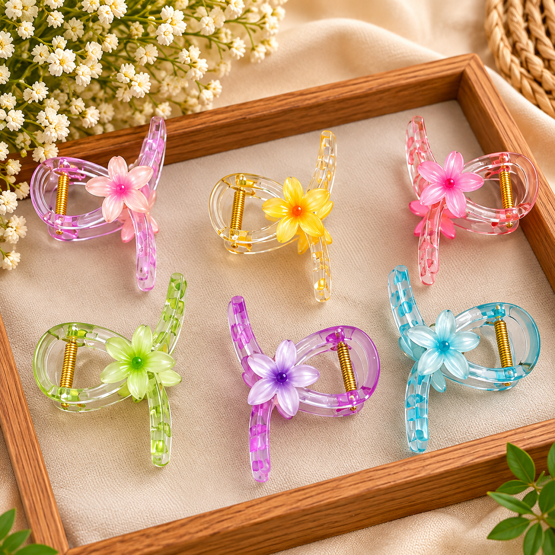 Floral Translucent Hair Claw Clips Pack of 12 Pcs – Premium Hair Clutcher | Wholesale Price ₹360