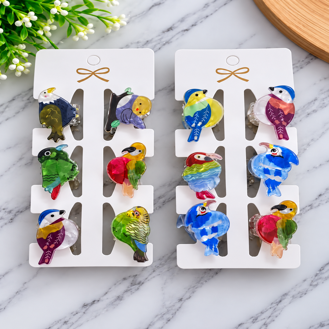 🐦 Small Size Colourful Bird Hair Clips Pack of 12 | Wholesale Price ₹480
