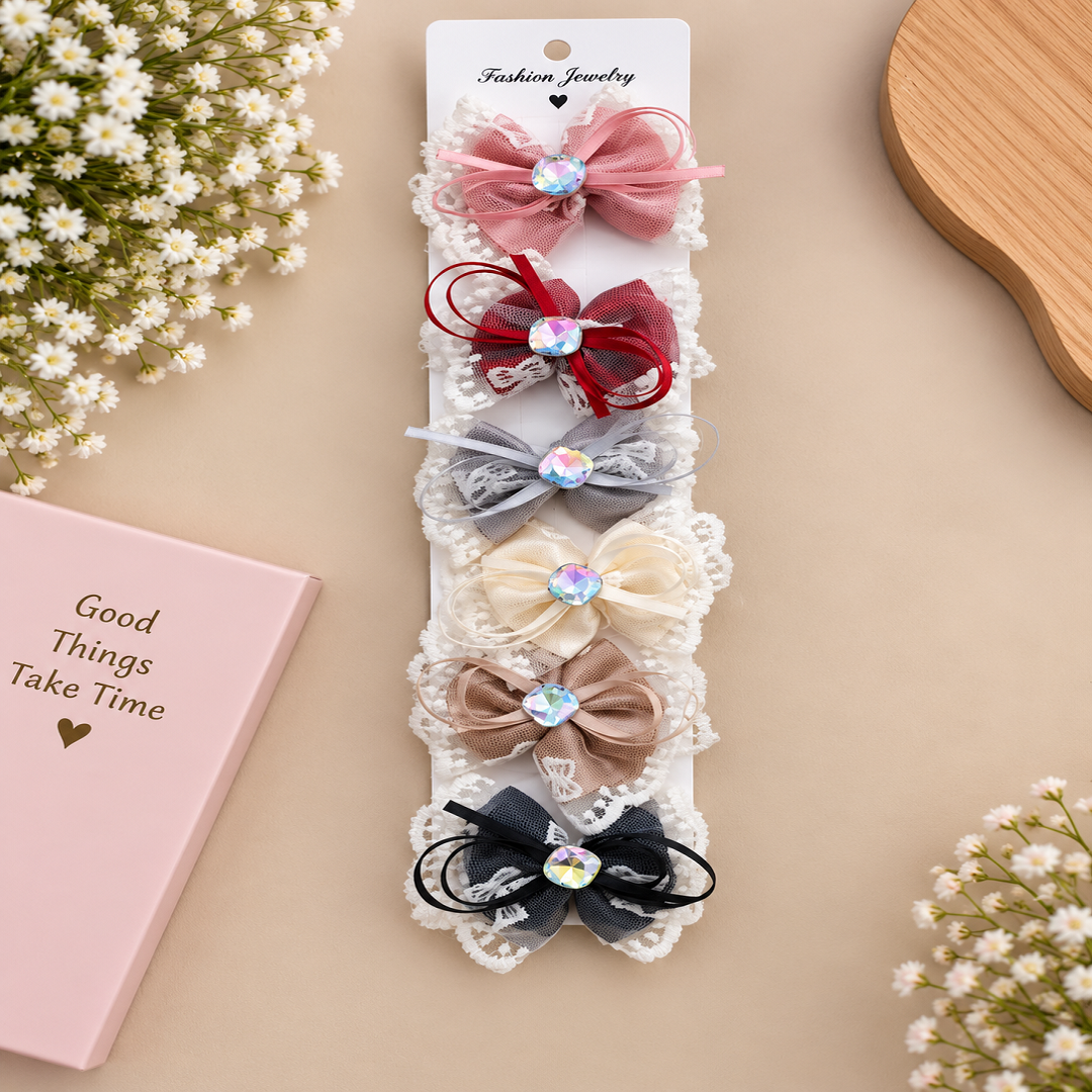 🎀 Stylish Lace Bow Hair Clips | Pearl & Crystal Design | 6 Pcs | Wholesale Price ₹240
