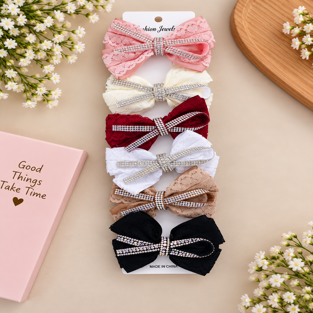 🎀 Stylish Lace Rhinestone Bow Hair Clips | Elegant Pearl Stone Design | 6 Pcs | Wholesale Price ₹240