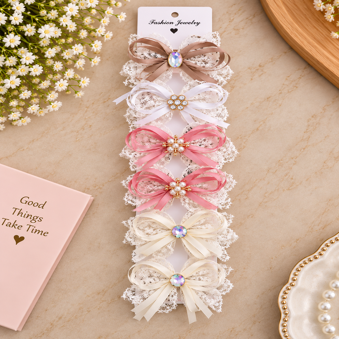 Stylish Lace & Ribbon Bow Hair Clips | 6 Pcs | Elegant Fancy Hair Accessories | Wholesale Price ₹240