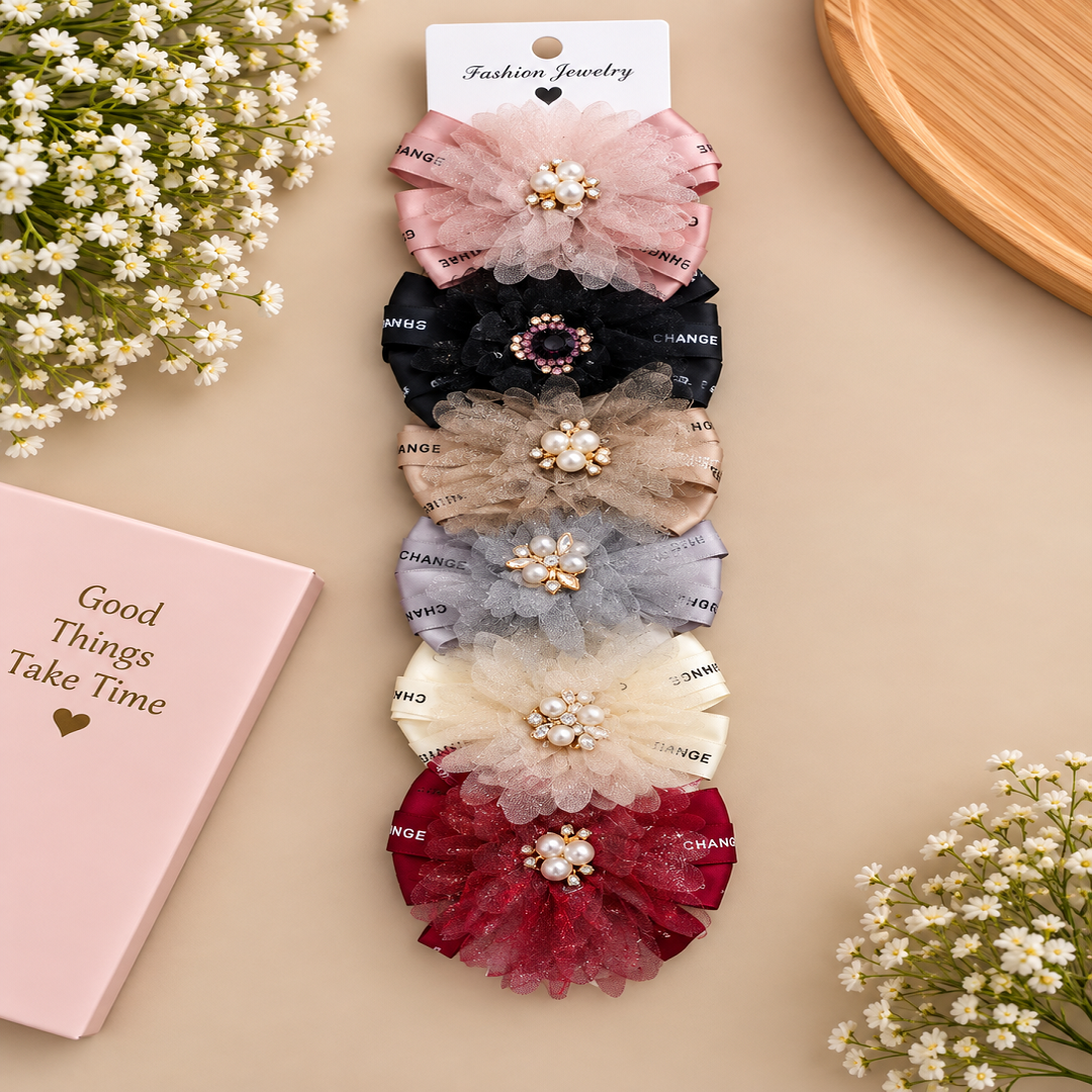 🎀 Stylish Pearl & Net Bow Hair Clips | 6 Pcs | Fancy Designer Hair Accessories | Wholesale Price ₹240