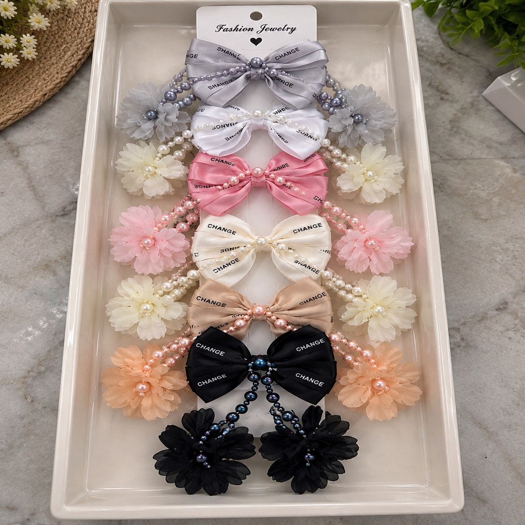 🎀 Stylish Satin Bow & Pearl Flower Hair Accessories | Pack of 6 Pcs | Fancy Hair Accessories | Wholesale Price ₹240