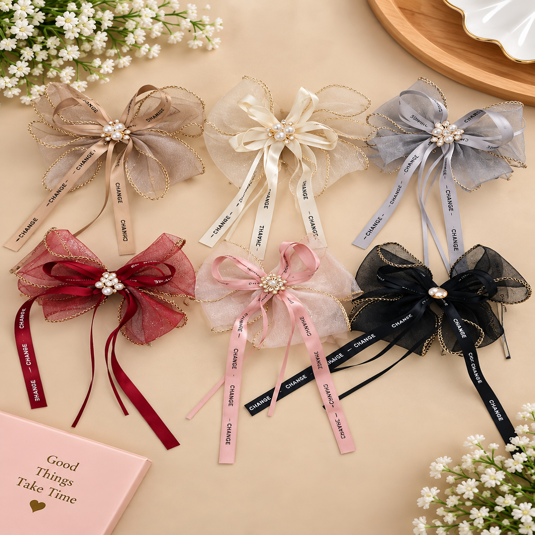 🎀 Stylish Pearl & Net Ribbon Bow Hair Accessories | Pack of 6 Pcs | Fancy Hair A Wholesale Price ₹240