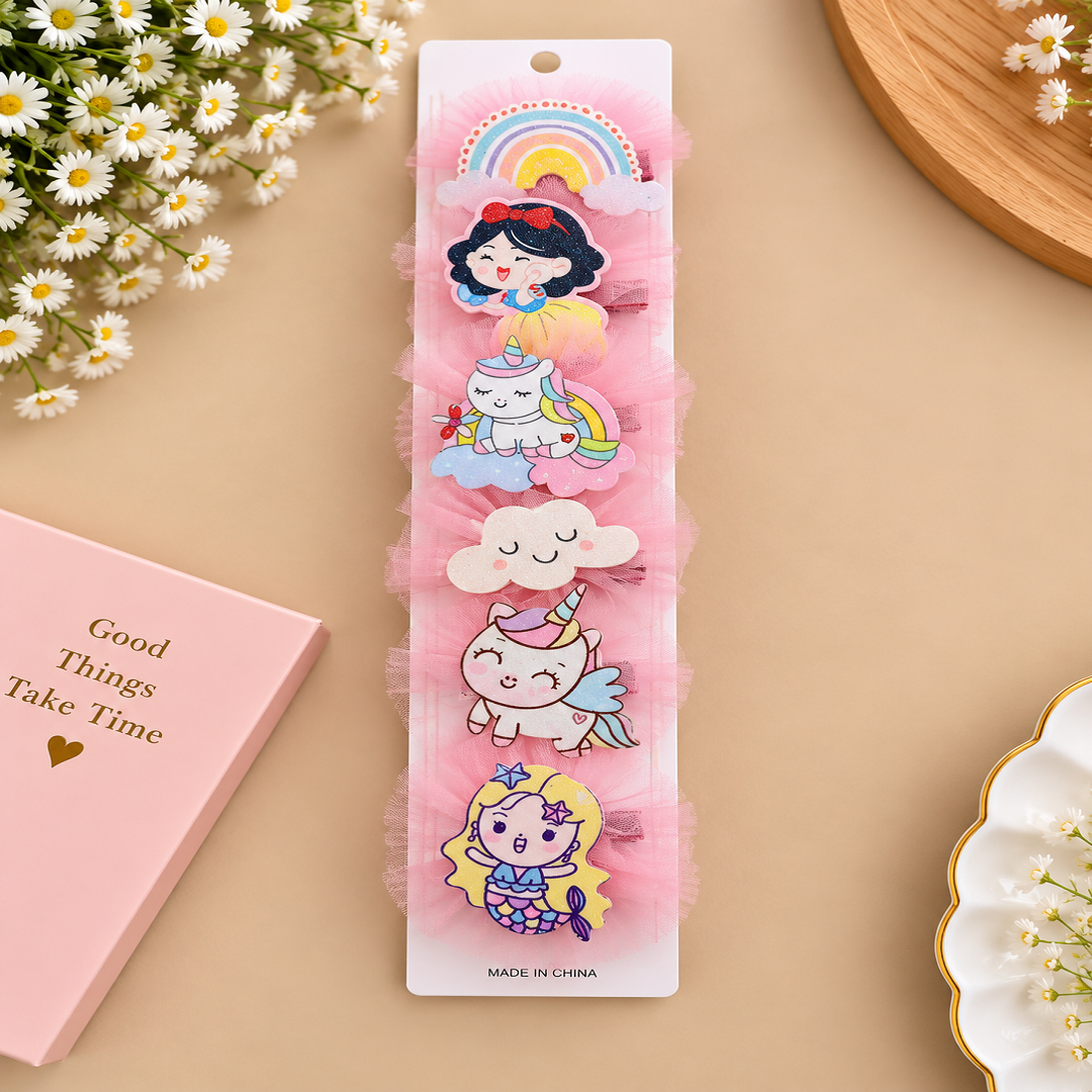 🌈 Cute Cartoon Character Hair Clip Combo Pack of 6 Pcs | Unicorn, Rainbow & Mermaid Kids Hair Accessories | Wholesale ₹180