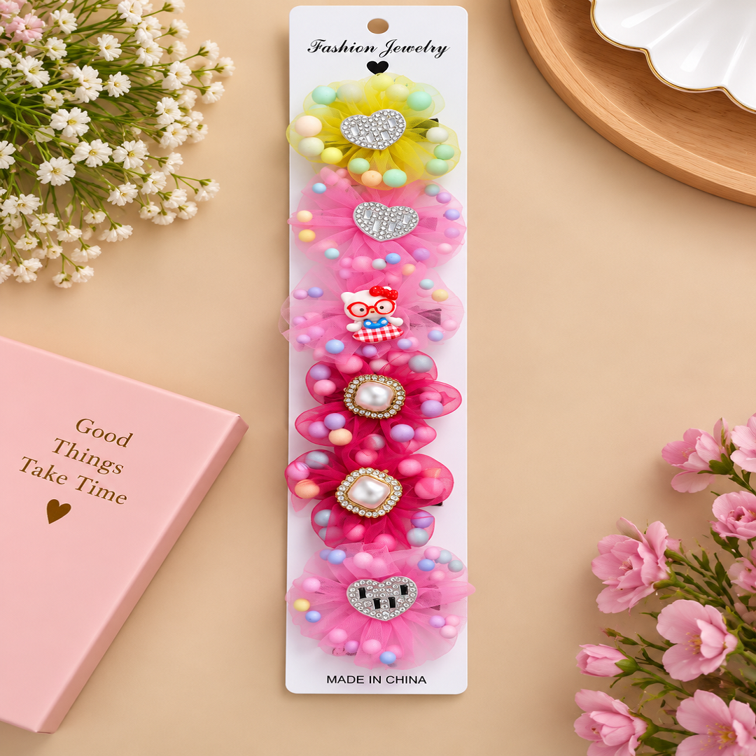 🎀 Fancy Tulle Flower Hair Clips Combo Pack of 6 Pcs | Cute Pearl & Stone Hair Accessories | Wholesale Price ₹180