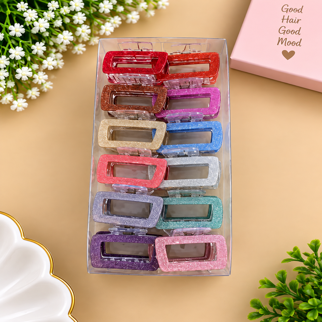 🎀 Stylish Glitter Rectangular Hair Clips Combo Pack of 12 Pcs | Fancy Sparkle Hair Clutches | Assorted Colours | Wholesale Price ₹240