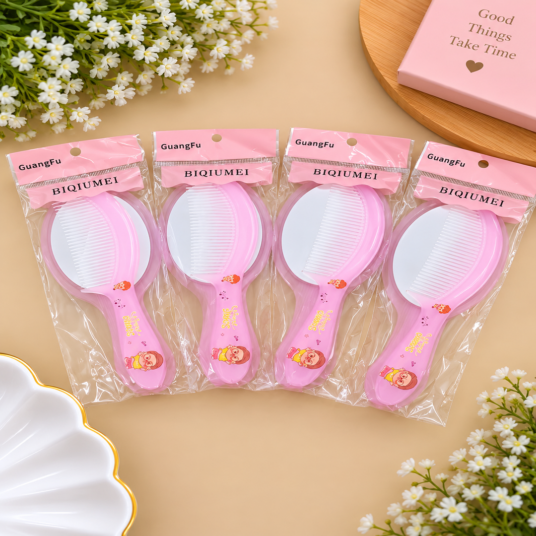 🎀 Cute Mini Mirror & Hair Comb Set of 4 Pcs | Stylish 2-in-1 Hair Comb with Mirror | Girls & Kids Hair Accessories | Wholesale Price ₹160