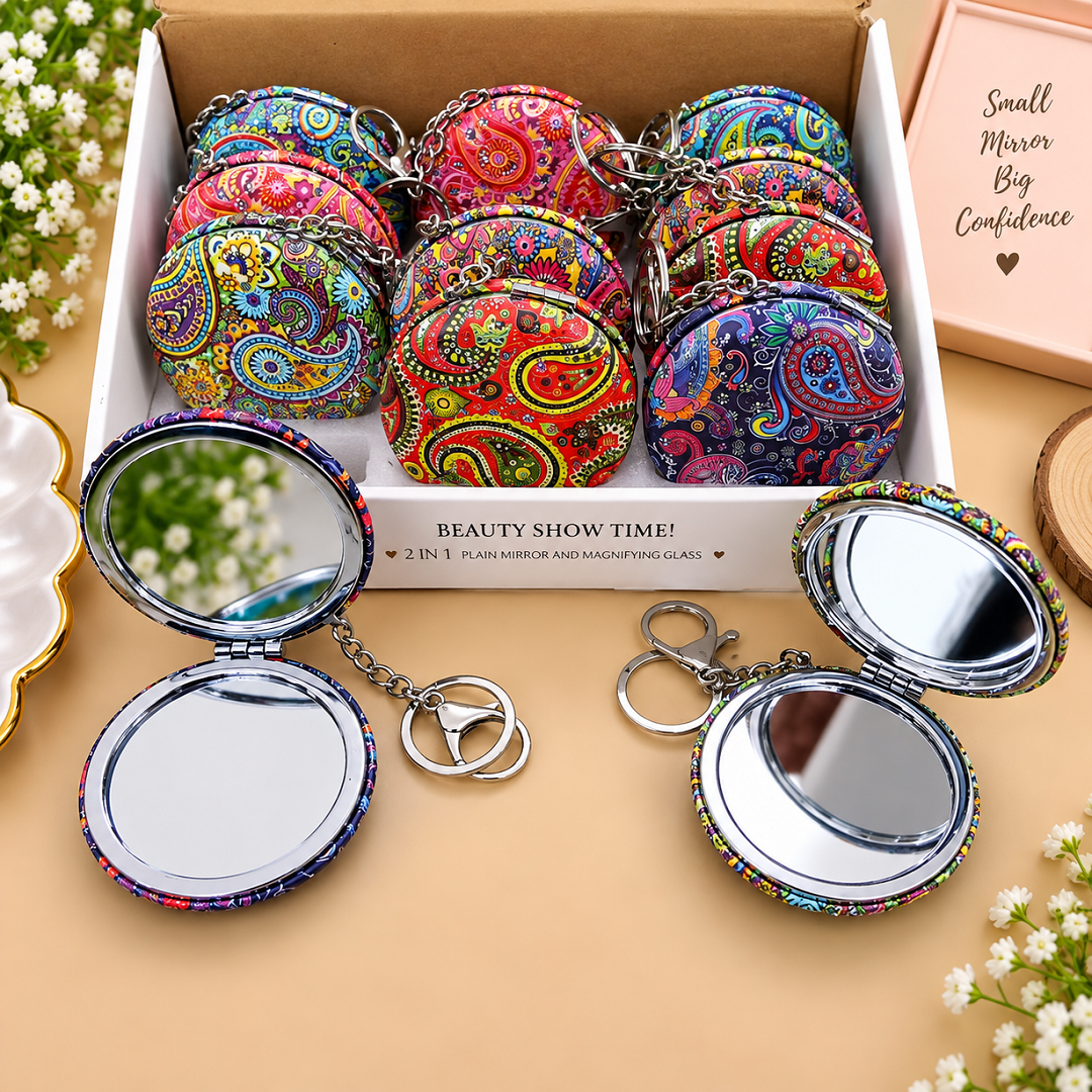 🪞 Fancy Printed Pocket Mirror Keychain | Stylish Round Makeup Mirror | Assorted Designs | Pack of 12 | Wholesale ₹900