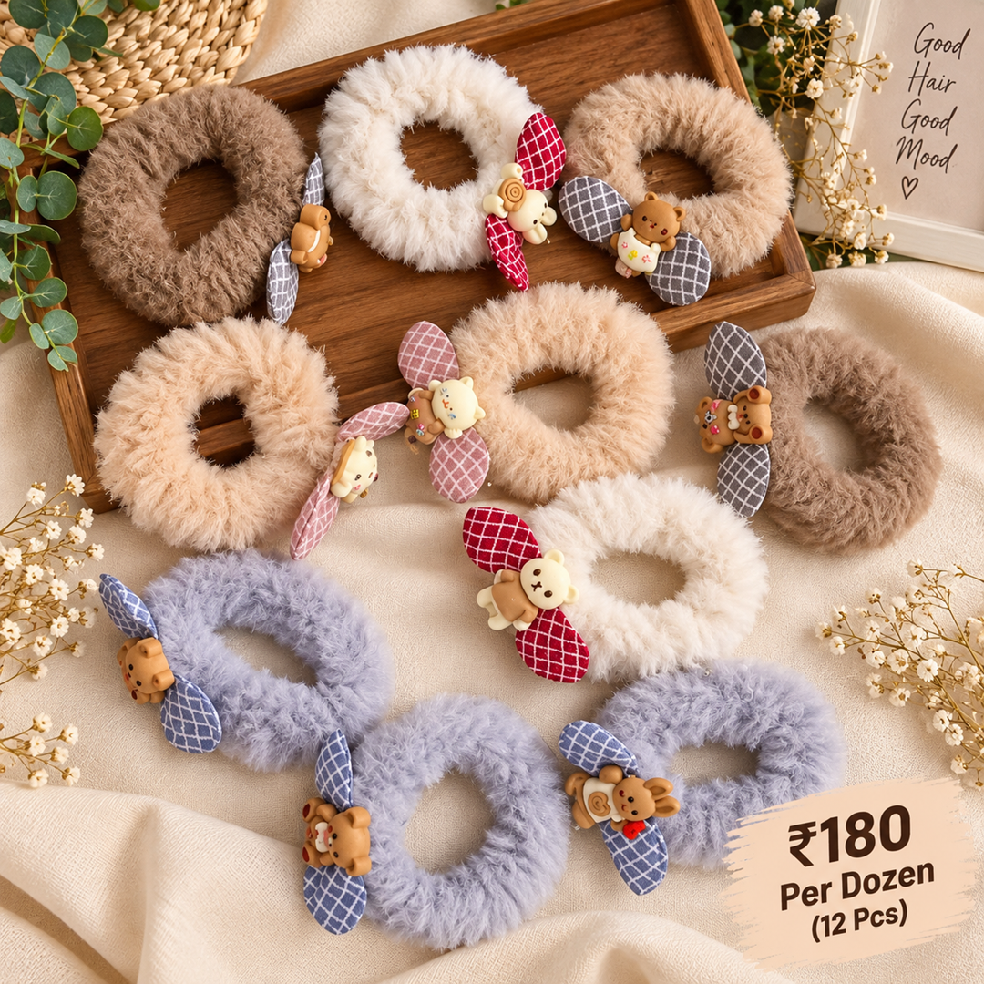 Fluffy Teddy Design Hair Rubber Band – Pack of 12 Pcs | Wholesale Price ₹180 per Dozen