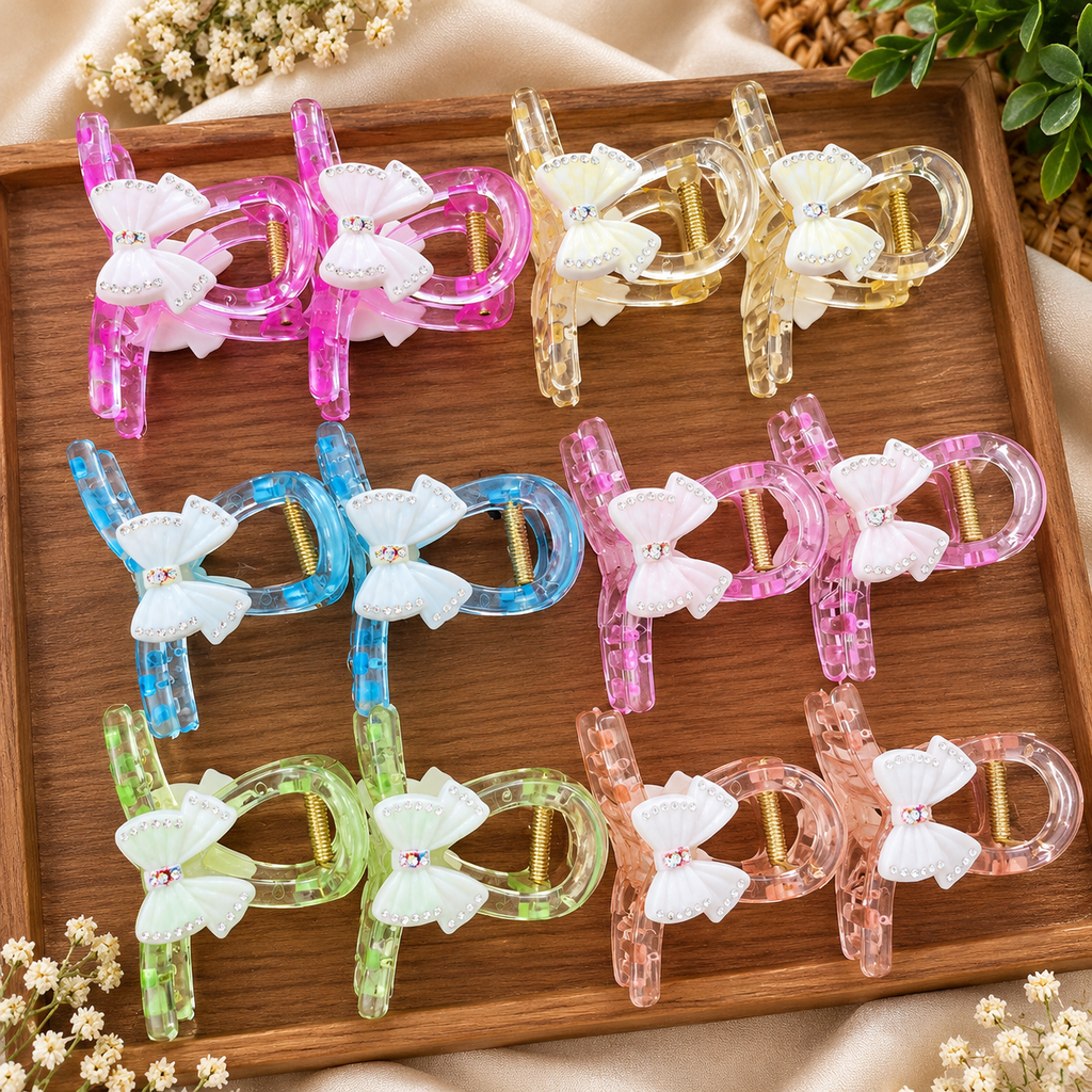 Premium Transparent Bow Hair Claw Clips Pack of 12 Pcs – Rhinestone Pearl Bow Design | Wholesale Price ₹540 per Dozen