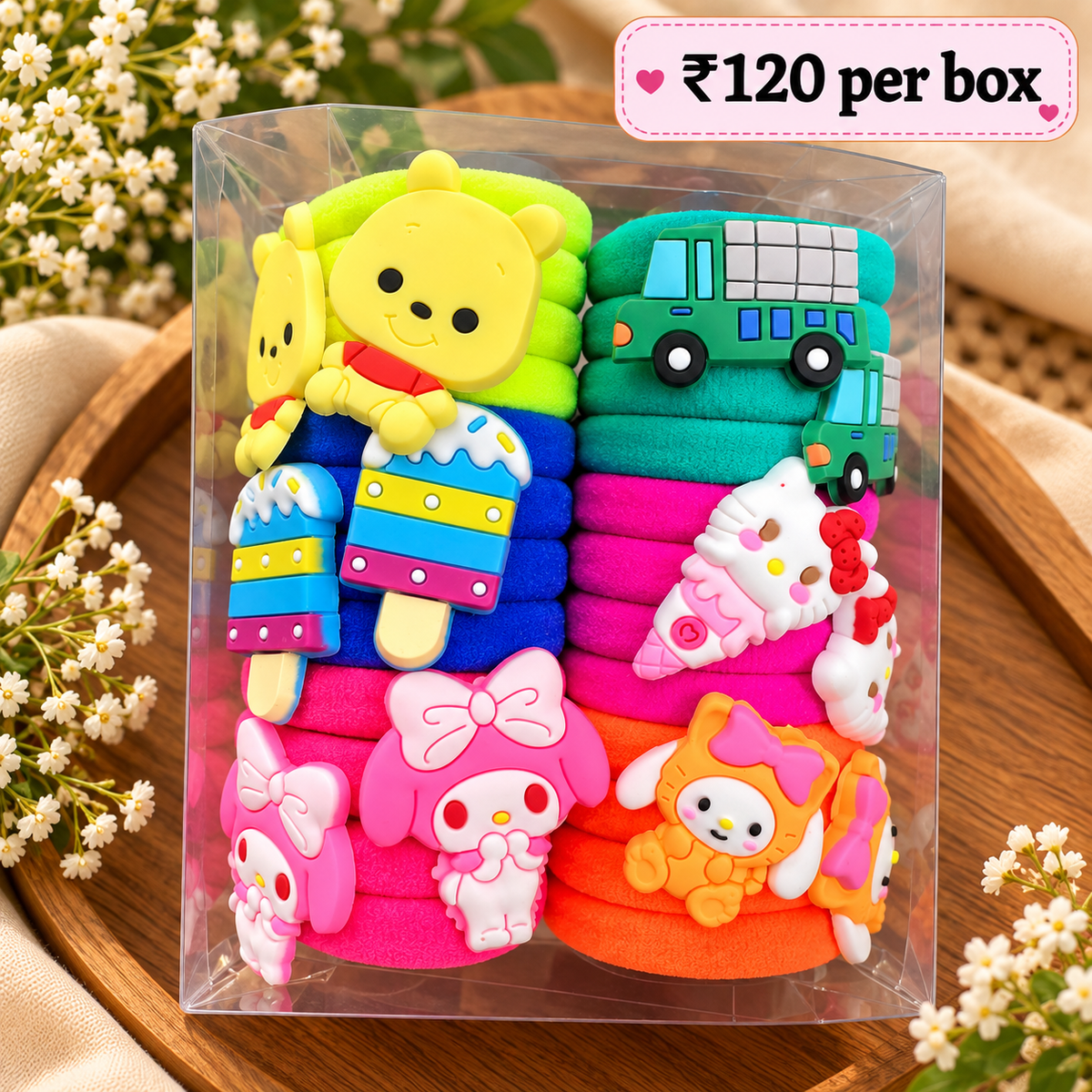Kids Cute Cartoon Hair Ties – Pack of 12 Pcs | Wholesale Price ₹120 per Box random colours and design