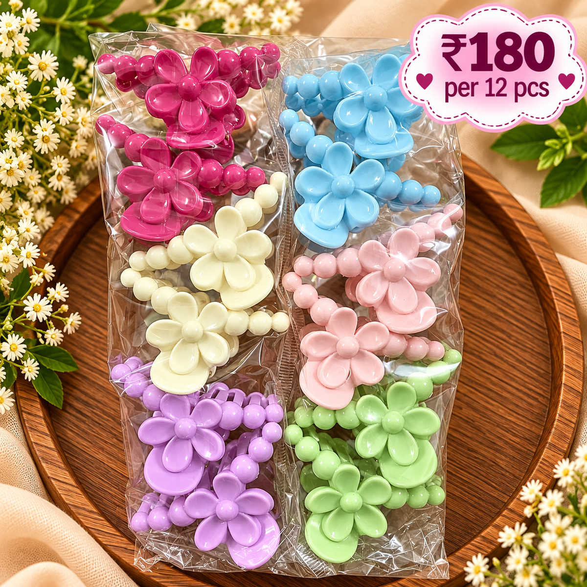 Flower Beaded Hair Claw Clips – Pack of 12 Pcs | Wholesale Price ₹180 per Dozen