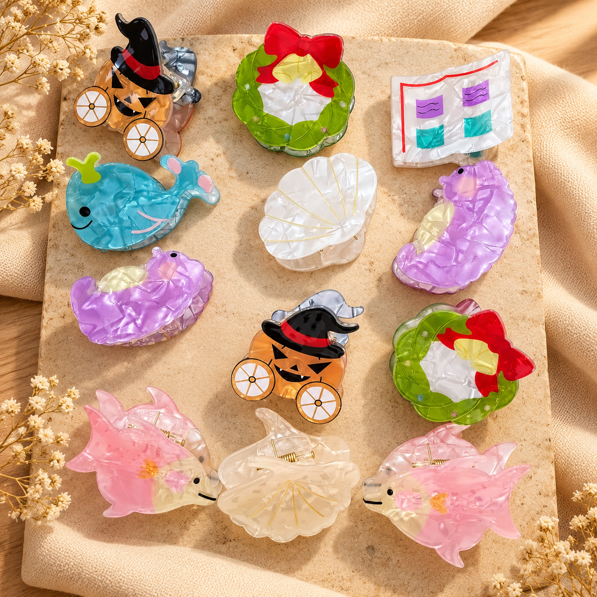 Fancy Transparent Acrylic Hair Claw Clips Pack of 12 Pcs – Cute Cartoon & Animal Design | Wholesale Price ₹780 per Dozen