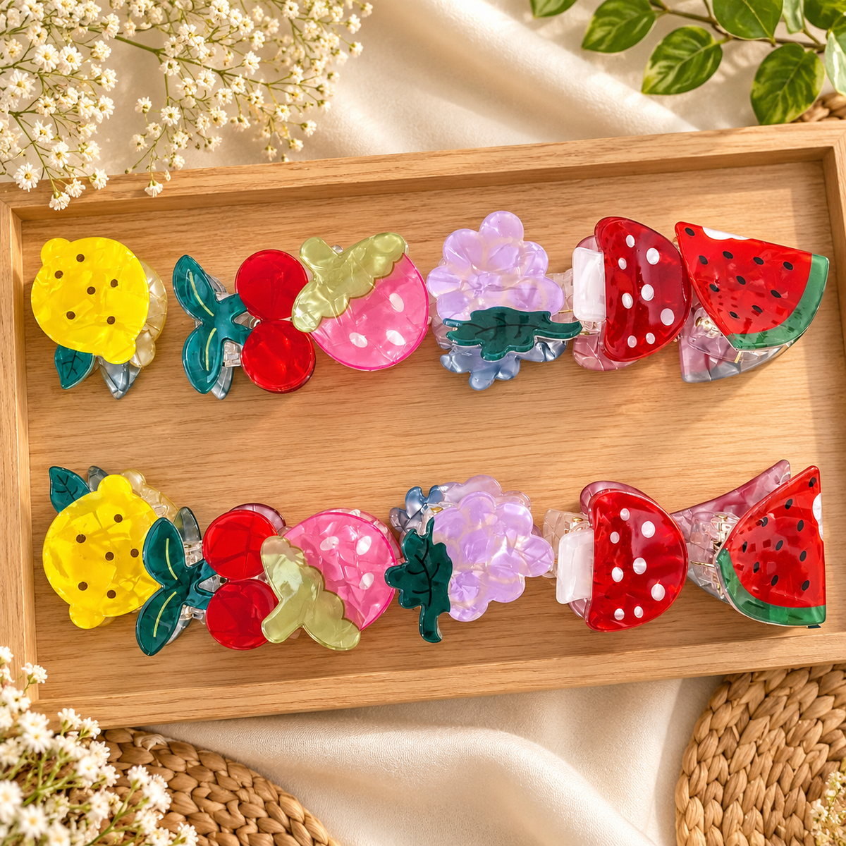 Fancy Transparent Fruit Design Acrylic Hair Claw Clips Pack of 12 Pcs – Strawberry, Cherry, Grape & Watermelon | Wholesale Price ₹780 per Dozen