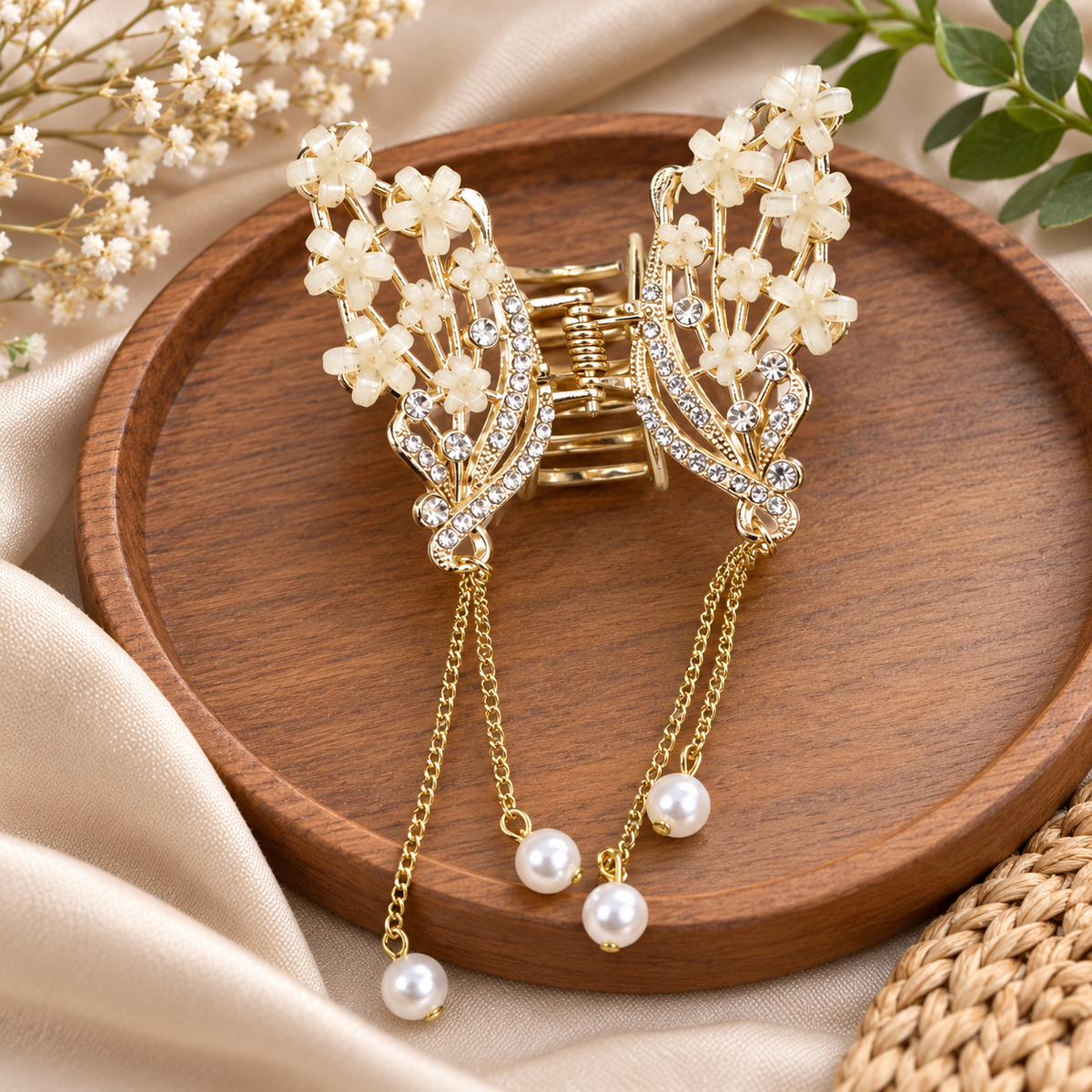 Premium Pearl Butterfly Tassel Metal Hair Claw Clip – Pack of 12 Pcs | Wholesale Price ₹1080 per Dozen