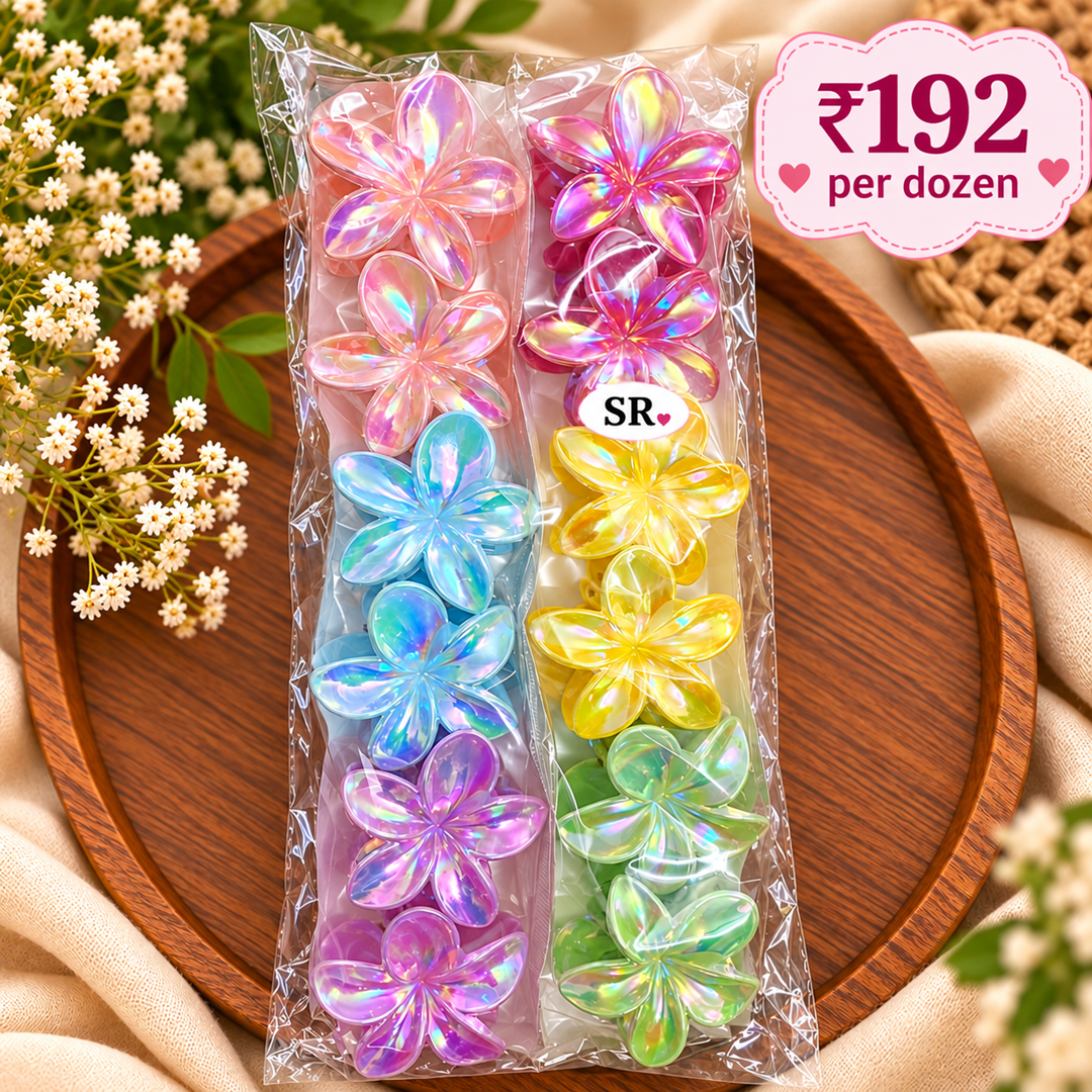 Holographic Flower Hair Clips – Pack of 12 Pcs | Wholesale Price ₹192 per Dozen