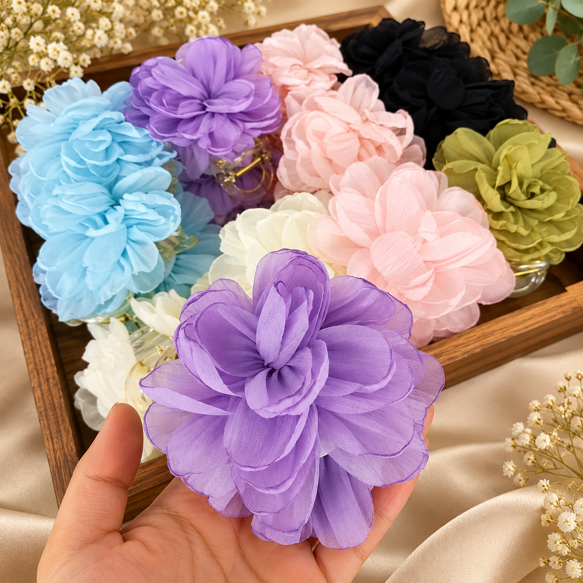 Premium Large Layered Fabric Flower Hair Clutcher Pack of 12 Pcs – Elegant Floral Design Hair Accessories | Wholesale Price ₹1500 per Dozen