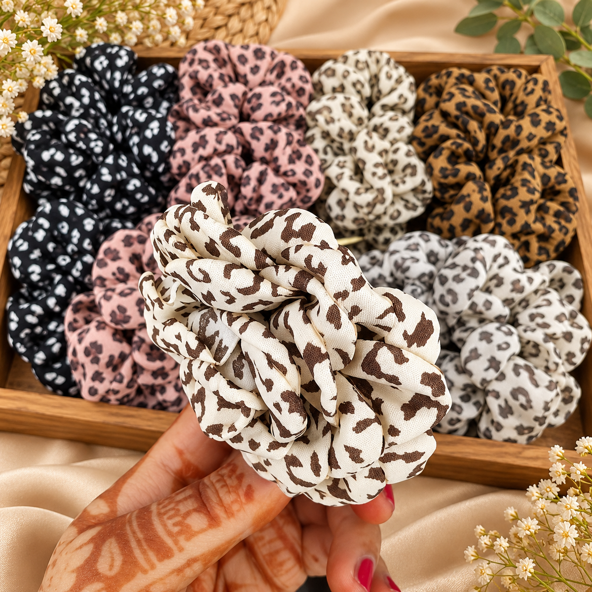 Premium Leopard Print Fabric Scrunchies Pack of 12 Pcs – Trendy Animal Print Hair Ties | Wholesale Price ₹1500 per Dozen