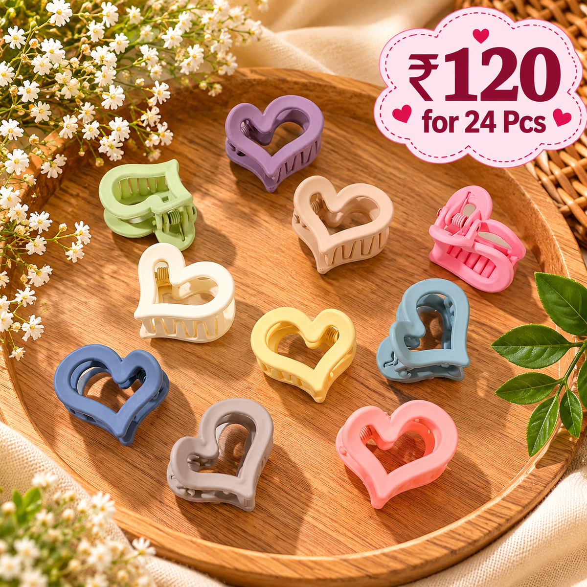Heart Shape Mini Hair Claw Clips – Pack of 24 Pcs | Wholesale Price ₹120