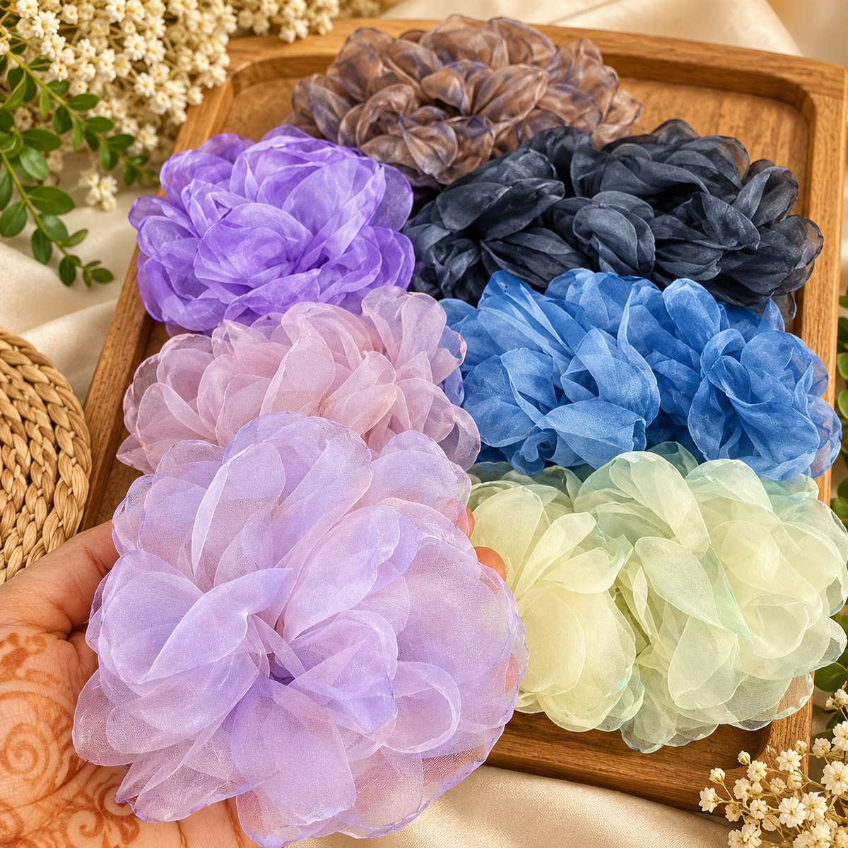 Premium Organza Flower Scrunchies Pack of 12 Pcs – Large Fluffy Floral Fabric Hair Ties | Wholesale Price ₹1500 per Dozen