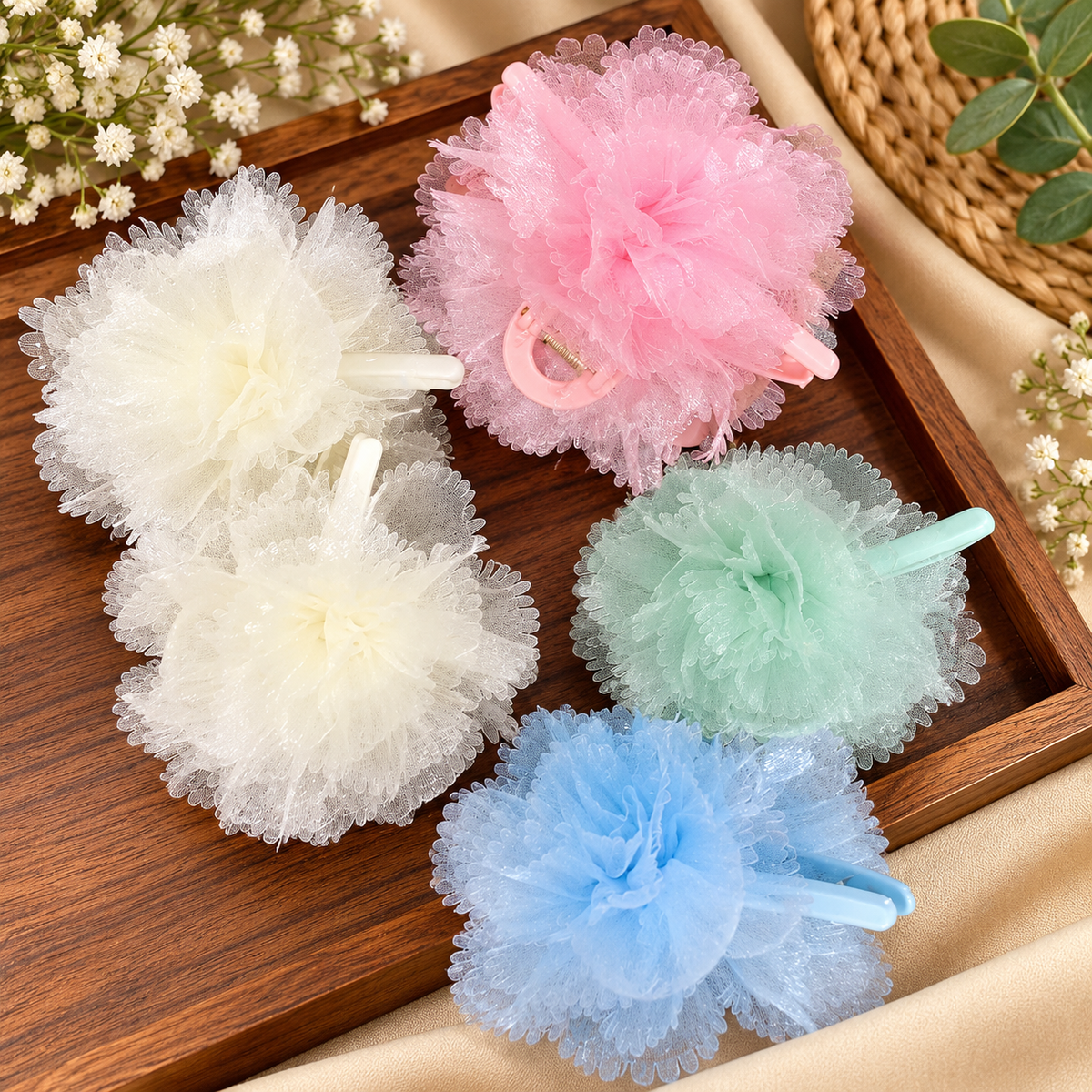 Premium Tulle Flower Hair Clutcher Pack of 12 Pcs – Soft Net Floral Design Hair Clips | Wholesale Price ₹900 per Dozen