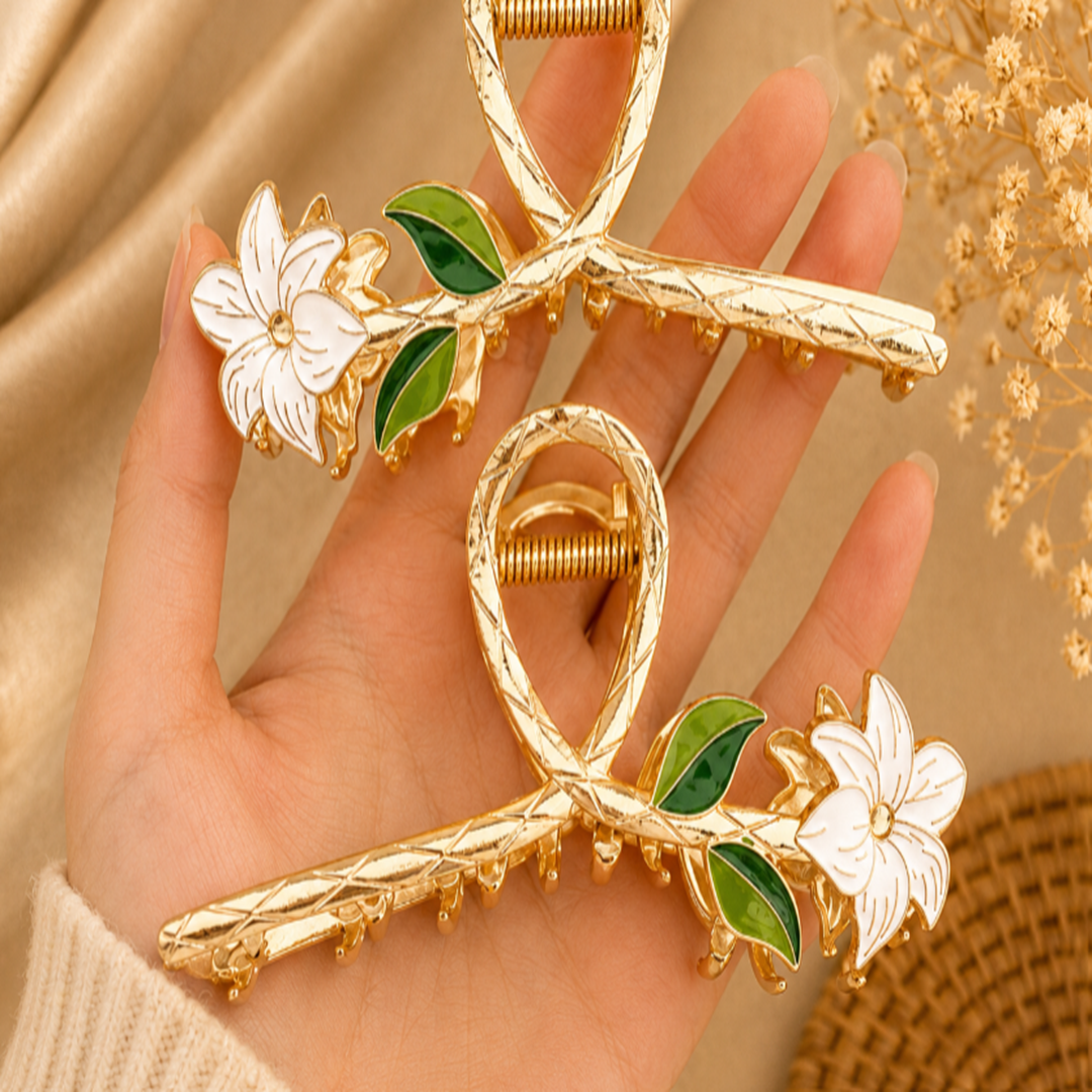 Luxury White Flower Metal Hair Claw Clip with Leaf Design – ₹960Per Dozen (12 Pieces)
