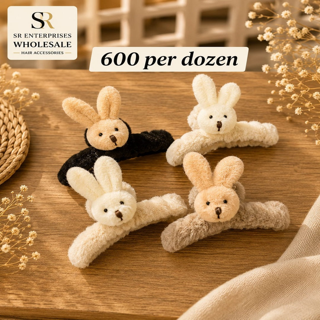 Cute Bunny Plush Hair Clutcher Pack of 12 Pcs – Premium Hair Clutcher | Wholesale Price ₹600 per Dozen