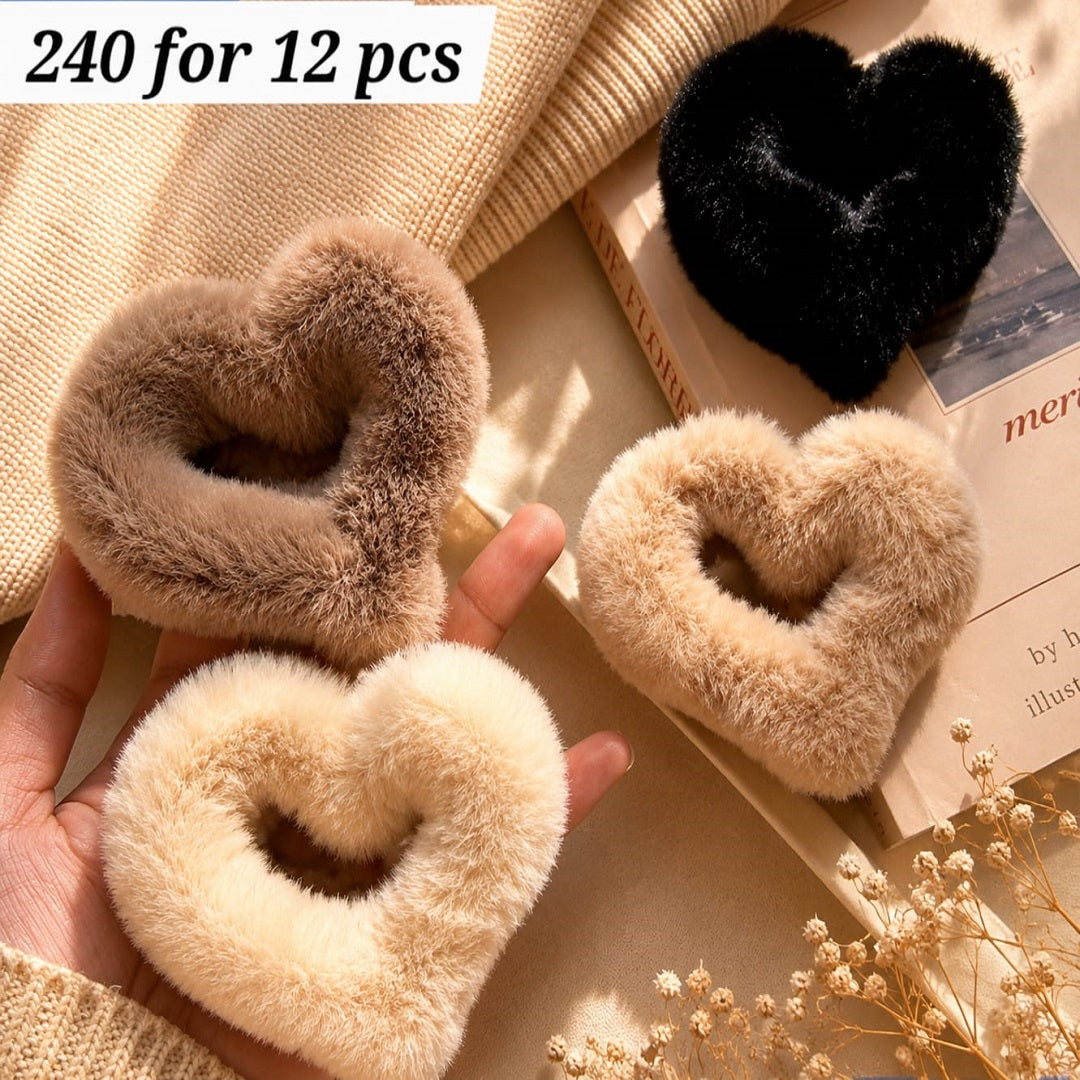 Premium Heart Shape Fur Hair Claw Clip | Soft Plush Korean Design | Pack of 12 Pcs | Wholesale Price ₹240 per Dozen