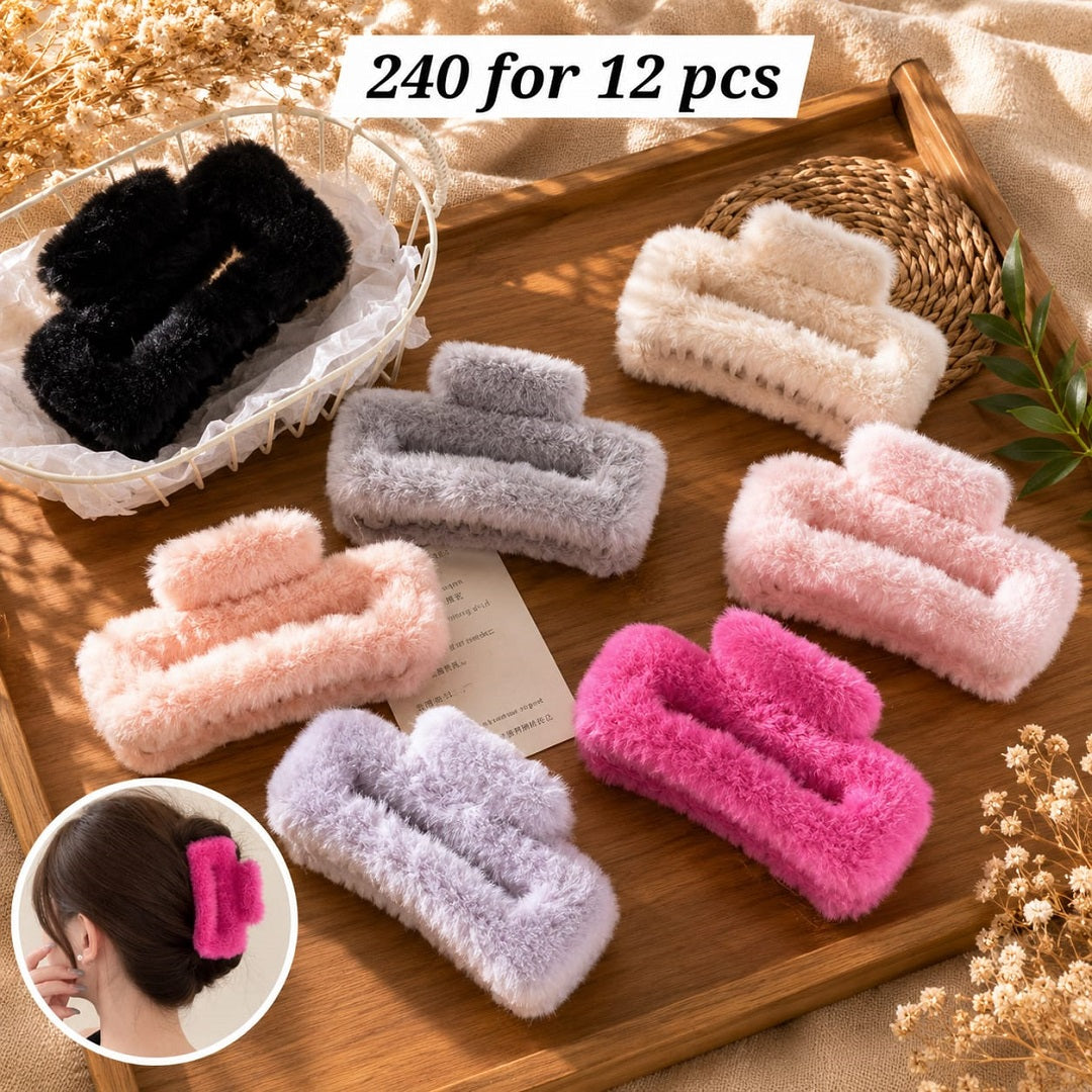 Premium Fur Rectangle Hair Claw Clip | Korean Soft Plush Design | Pack of 12 Pcs | Wholesale Price ₹240 per Dozen