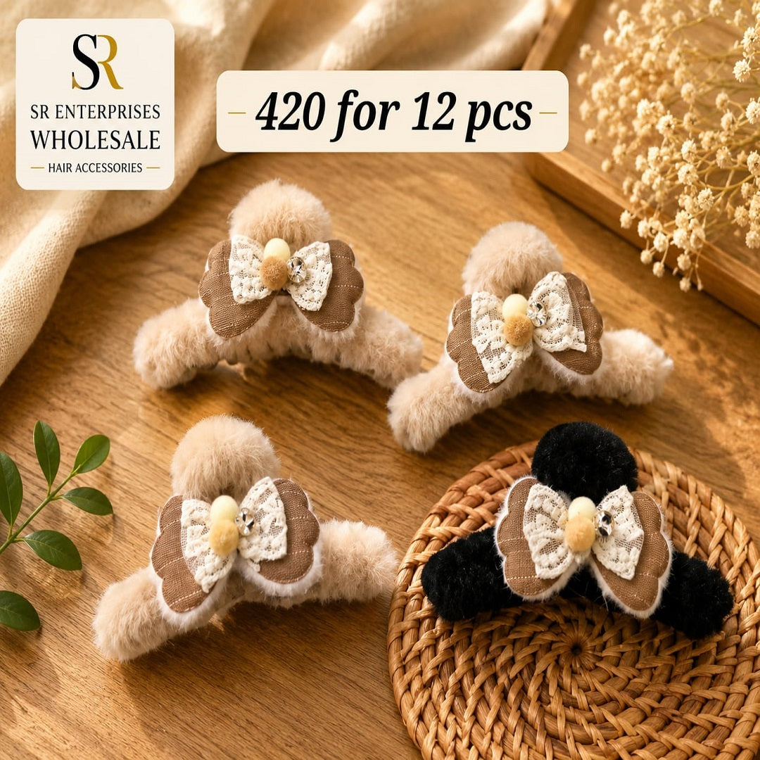 Premium Fur Hair Claw Clip with Lace Bow Design | Korean Plush Hair Clutcher | Pack of 12 Pcs | Wholesale Price ₹420 per Dozen
