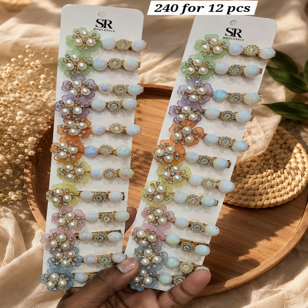 Pearl Flower Stone Hair Pin Set Pack of 12 Pcs – Premium Hair Accessories | Wholesale Price ₹240 per Dozen