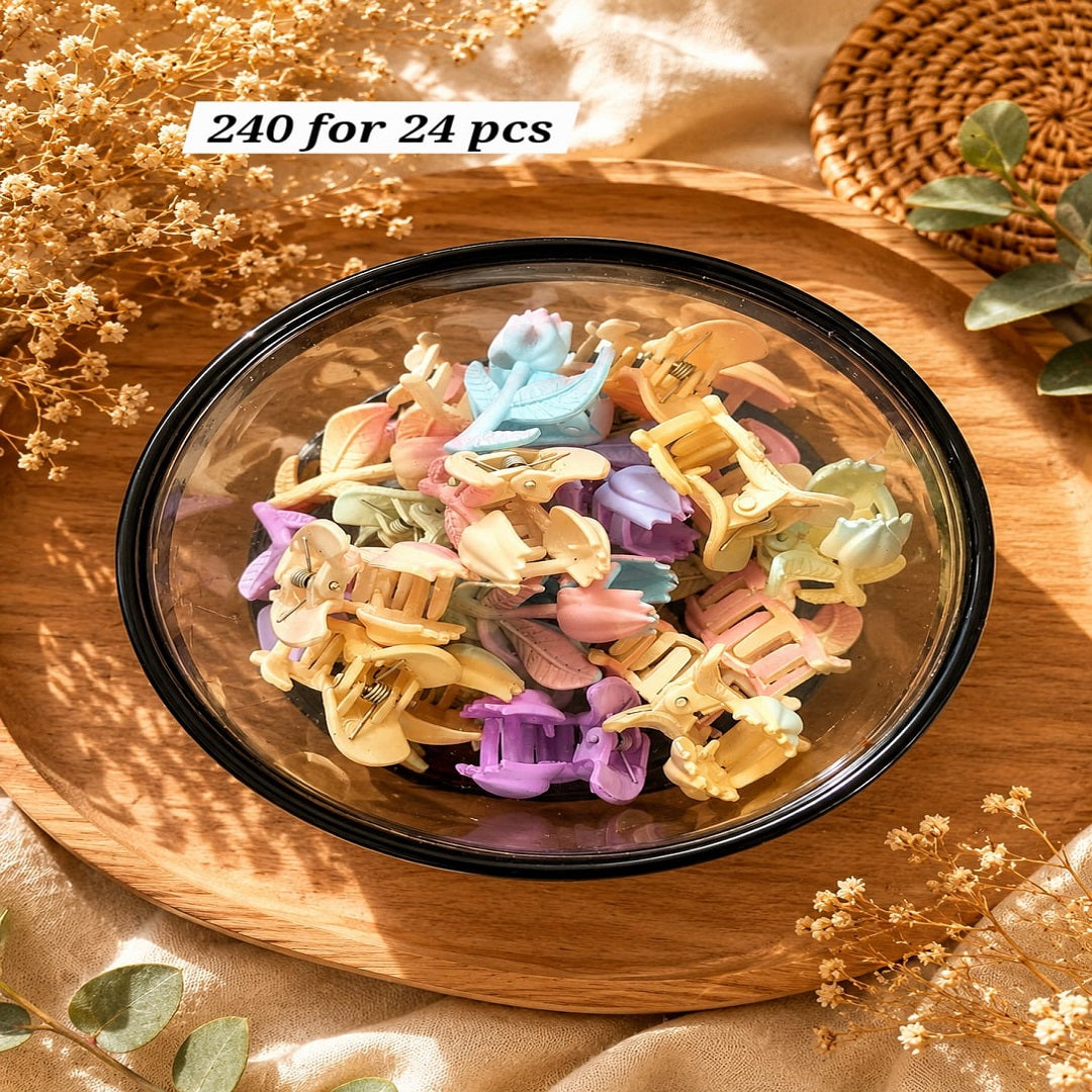 Korean Mini Tulip & Butterfly Hair Claw Clips | Cute Pastel Hair Clutcher | Pack of 24 Pcs | Wholesale Price ₹240