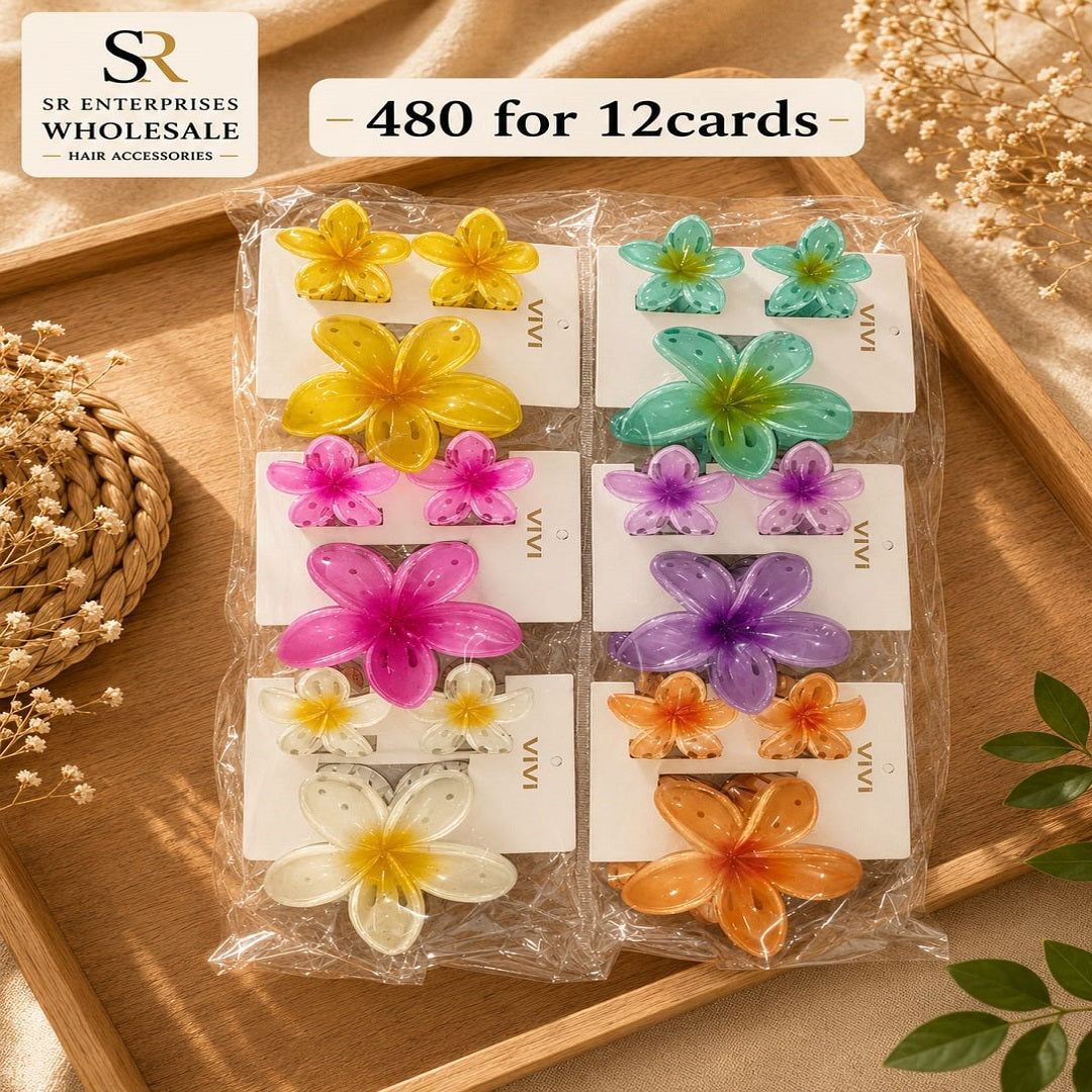 Flower Hair Clip & Earrings Set Pack of 12 Cards – Premium Korean Floral Hair Accessories | Wholesale Price ₹480 per 12 Cards