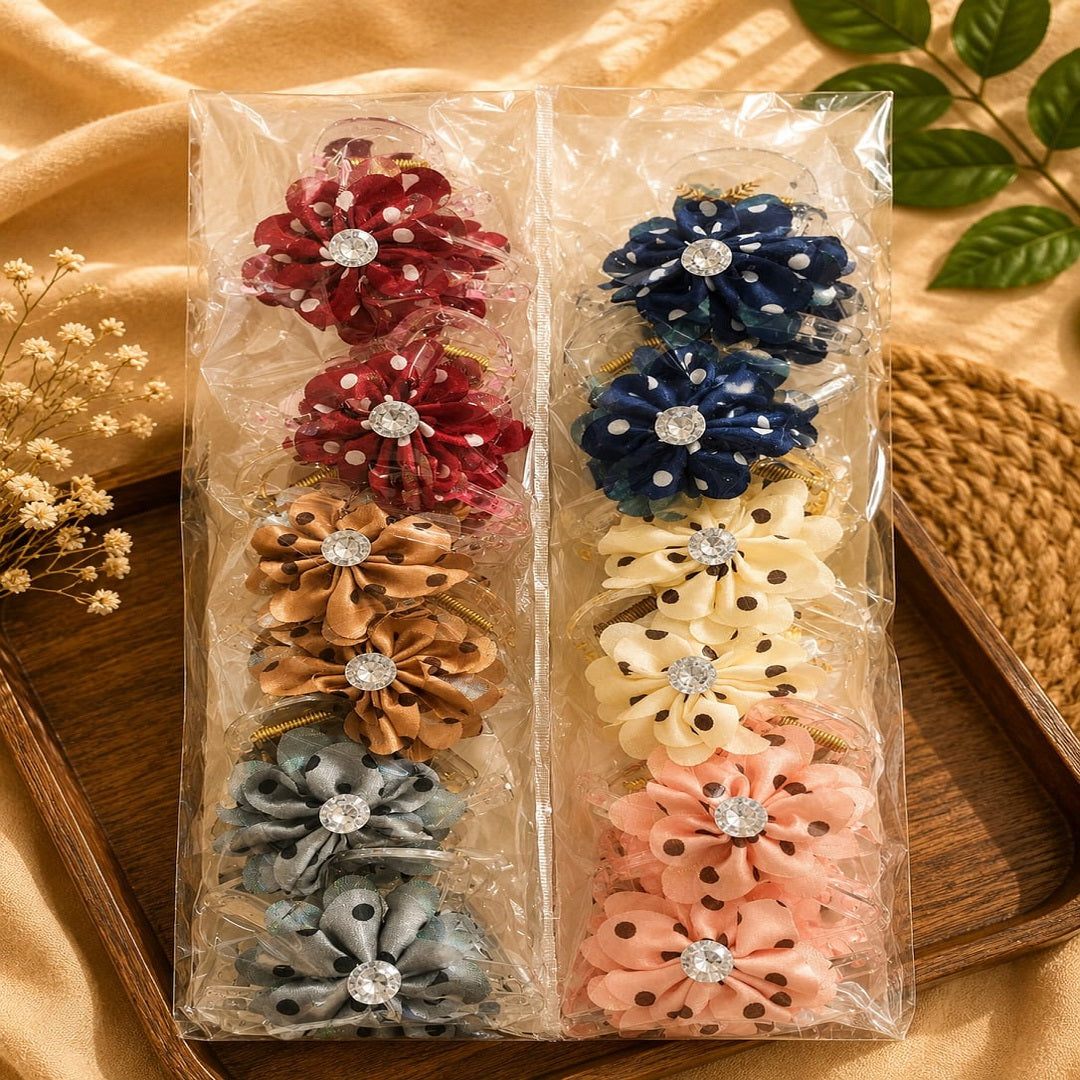 Polka Dot Fabric Flower Hair Clutcher Pack of 12 Pcs – Premium Korean Floral Hair Claw Clip | Wholesale Price ₹480 per Dozen