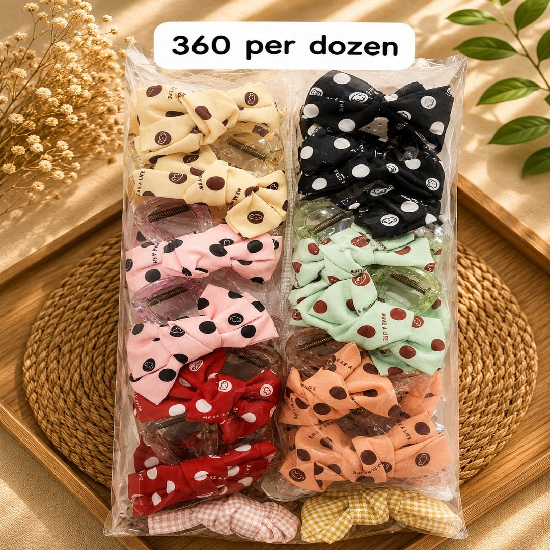 Polka Dot Bow Hair Clutcher Pack of 12 Pcs – Premium Fabric Bow Hair Claw Clip | Wholesale Price ₹360 per Dozen