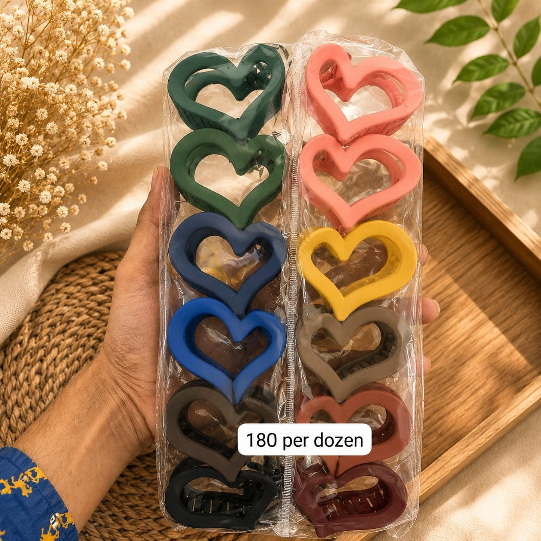 Heart Shape Hair Clutcher Pack of 12 Pcs – Premium Matte Heart Hair Claw Clip | Wholesale Price ₹180 per Dozen