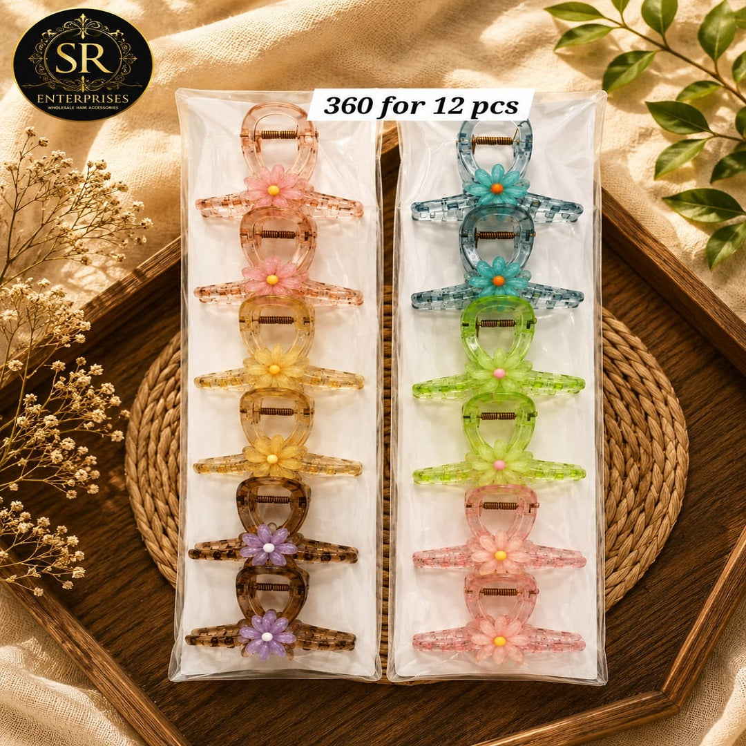 Transparent Daisy Flower Hair Claw Clip – Pack of 12 Pcs | Premium Floral Design | Wholesale Price ₹360 Per Dozen