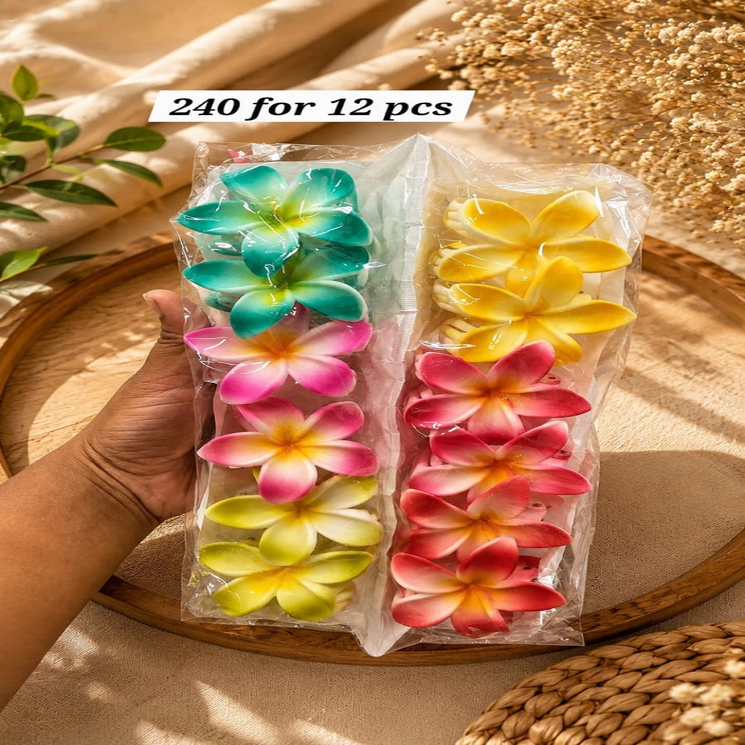 Plumeria Flower Hair Claw Clip – Pack of 12 Pcs | Tropical Floral Design | Wholesale Price ₹240 Per Dozen