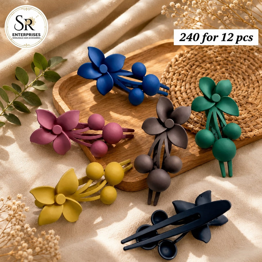 Matte Flower Cherry Hair Clip – Pack of 12 Pcs | Premium Korean Design | Wholesale Price ₹240 Per Dozen