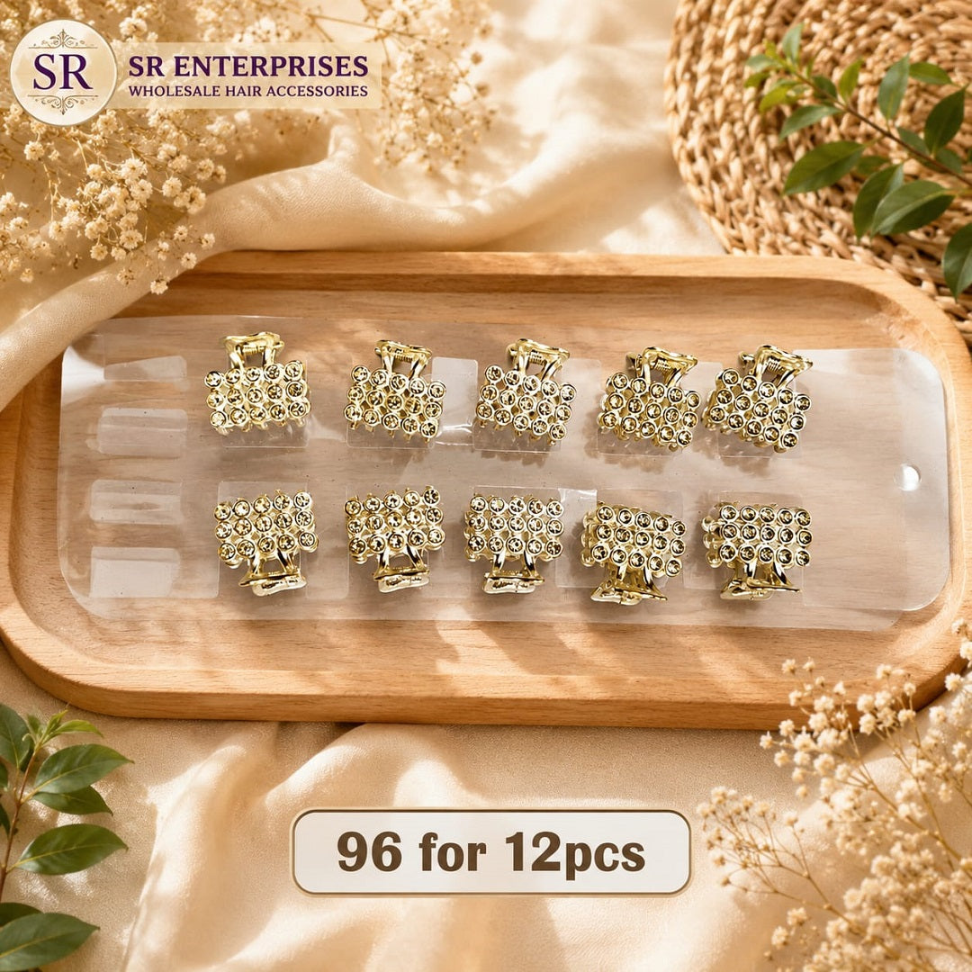 Mini Rhinestone Hair Claw Clip – Pack of 12 Pcs | Gold Finish | Wholesale Price ₹96 Per Dozen